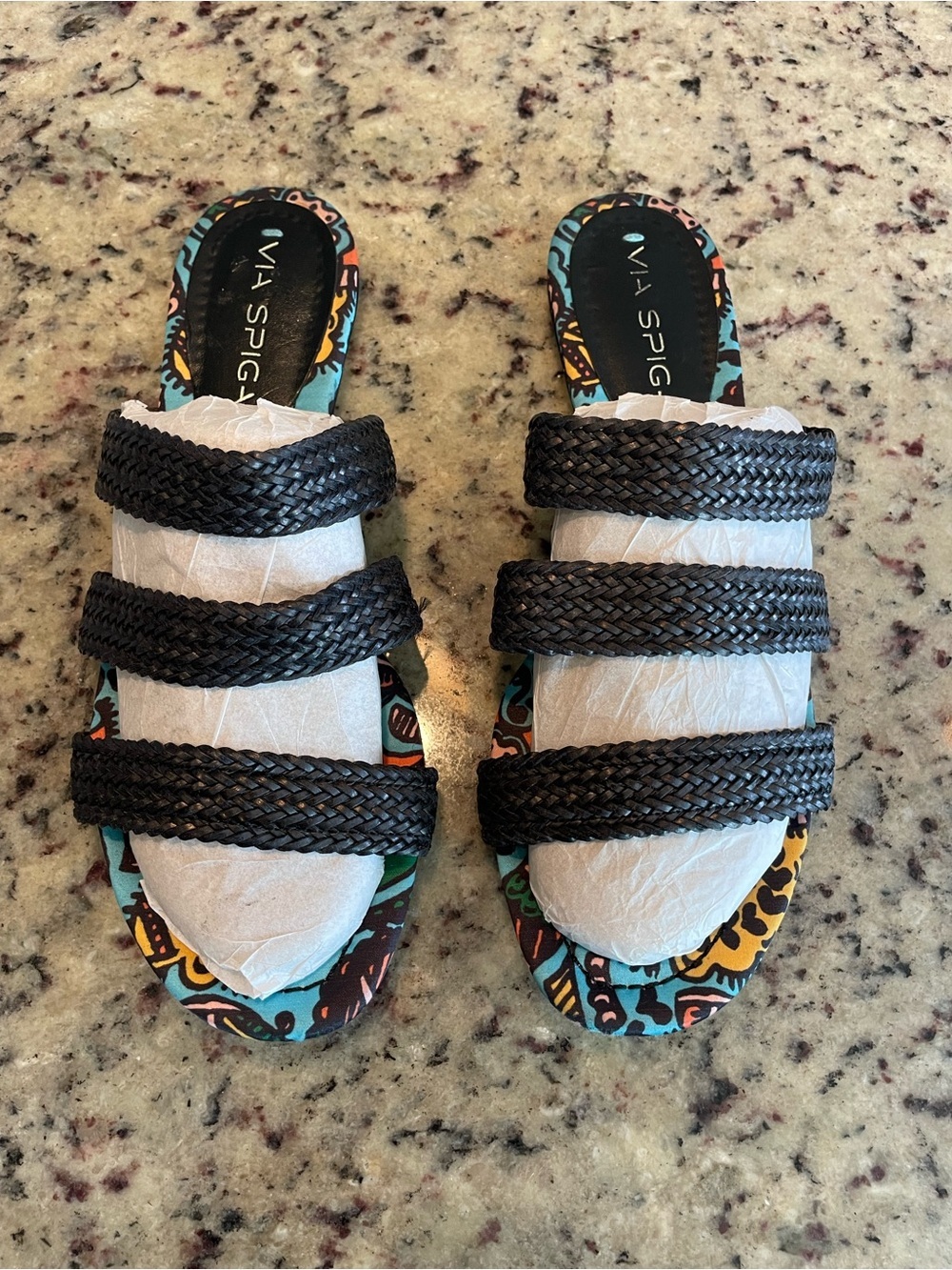 Via Spiga Black Braided Triple-Strap leather Slides with Multicolor Footbed 7.5